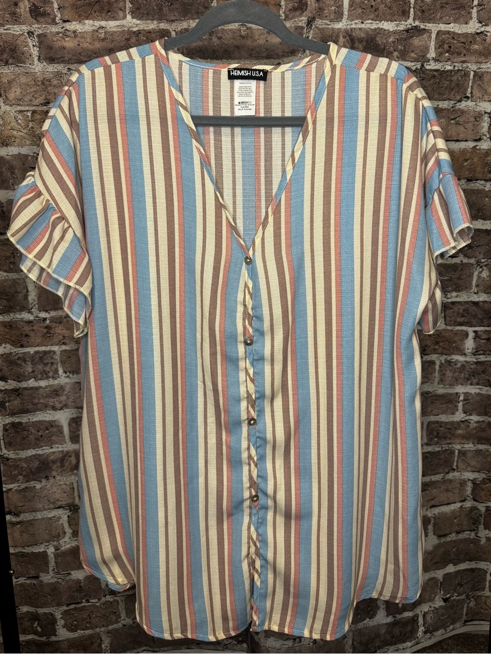 HEIMISH USA Vertical Stripe V-Neck Button Front Top in Blue, Cream & Tan